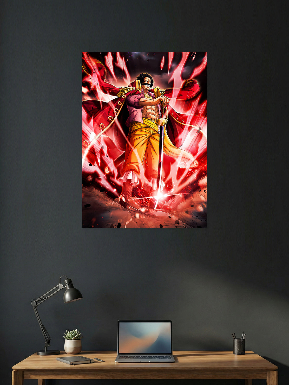 Premium One Piece anime poster featuring Gol D. Roger, the Pirate King, wielding his sword with powerful red Haki energy in vibrant HD quality for gaming rooms, bedrooms, and anime wall décor.