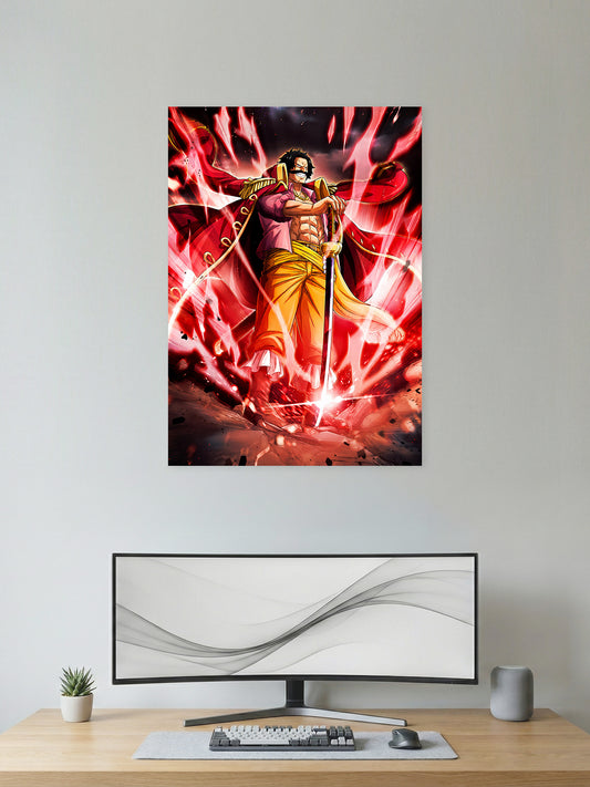 Premium One Piece anime poster featuring Gol D. Roger, the Pirate King, wielding his sword with powerful red Haki energy in vibrant HD quality for gaming rooms, bedrooms, and anime wall décor.