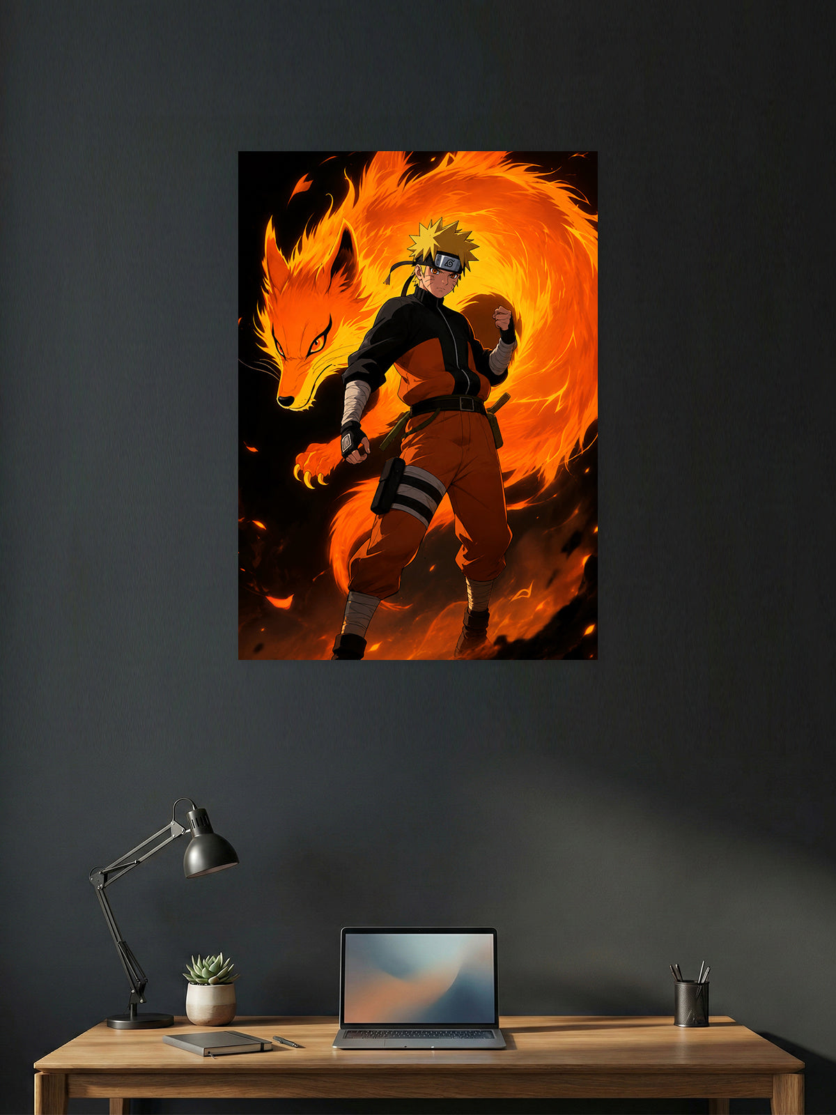Premium Naruto anime poster featuring Naruto Uzumaki standing before the blazing Nine-Tails Kurama with fiery orange chakra effects, printed in vibrant HD quality for gaming rooms, bedrooms, and anime wall décor.