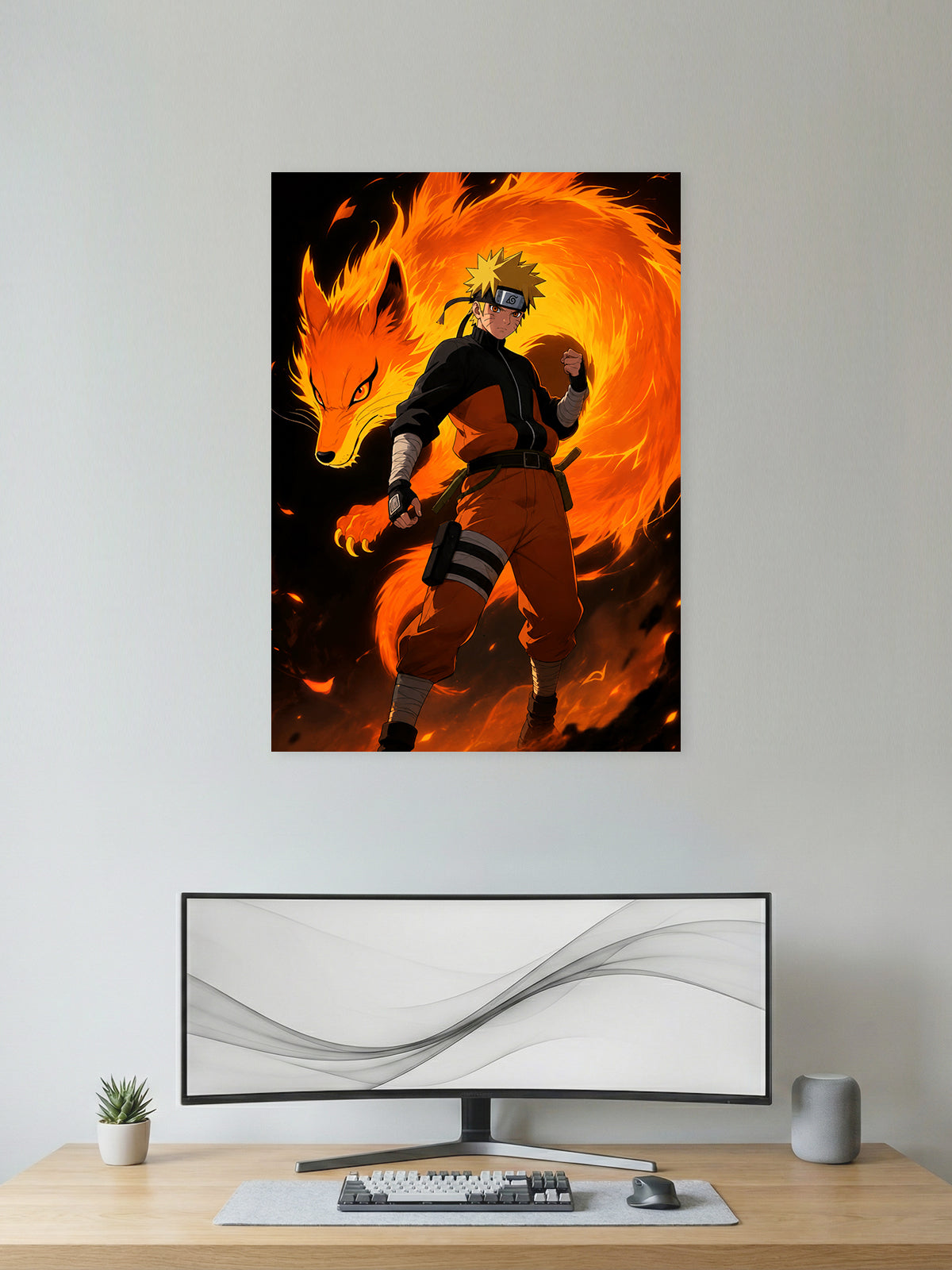 Premium Naruto anime poster featuring Naruto Uzumaki standing before the blazing Nine-Tails Kurama with fiery orange chakra effects, printed in vibrant HD quality for gaming rooms, bedrooms, and anime wall décor.
