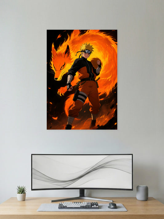 Premium Naruto anime poster featuring Naruto Uzumaki standing before the blazing Nine-Tails Kurama with fiery orange chakra effects, printed in vibrant HD quality for gaming rooms, bedrooms, and anime wall décor.