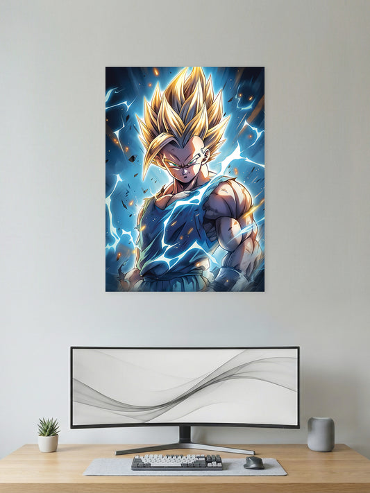Premium Dragon Ball Z anime poster featuring Super Saiyan Gohan with glowing golden hair, blue lightning aura, and intense expression, printed in vibrant HD quality for gaming rooms, bedrooms, and anime wall décor.