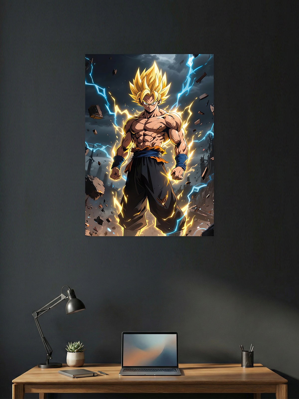 Premium Dragon Ball Z anime poster featuring Super Saiyan Goku with golden hair, electric blue lightning, and a powerful energy aura, printed in vibrant HD quality for gaming rooms, bedrooms, and anime wall décor.