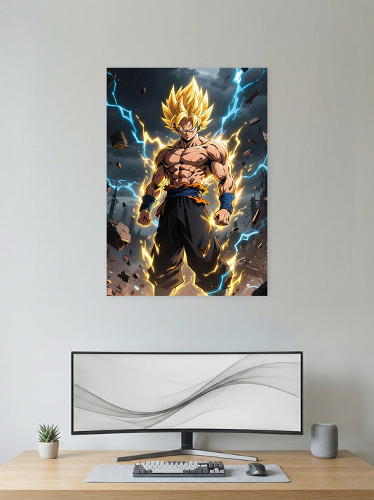 Premium Dragon Ball Z anime poster featuring Super Saiyan Goku with golden hair, electric blue lightning, and a powerful energy aura, printed in vibrant HD quality for gaming rooms, bedrooms, and anime wall décor.