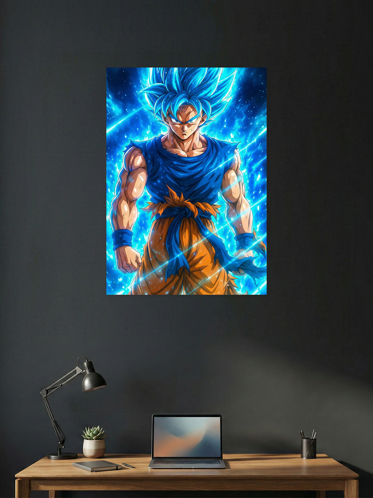Premium Dragon Ball Super anime poster featuring Super Saiyan Blue Goku with glowing blue hair and a divine energy aura, printed in vibrant HD quality for gaming rooms, bedrooms, and anime wall décor.