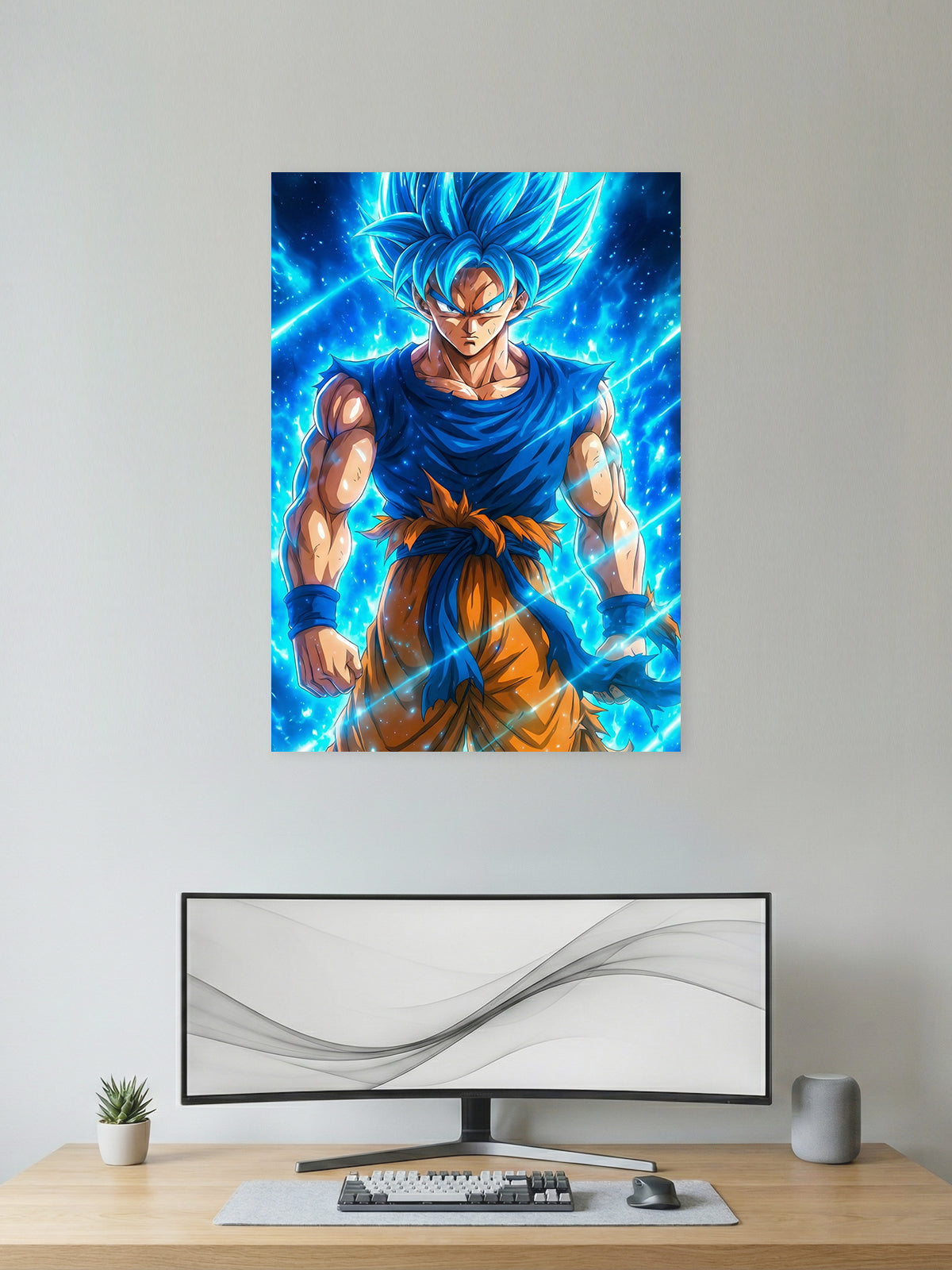 Premium Dragon Ball Super anime poster featuring Super Saiyan Blue Goku with glowing blue hair and a divine energy aura, printed in vibrant HD quality for gaming rooms, bedrooms, and anime wall décor.
