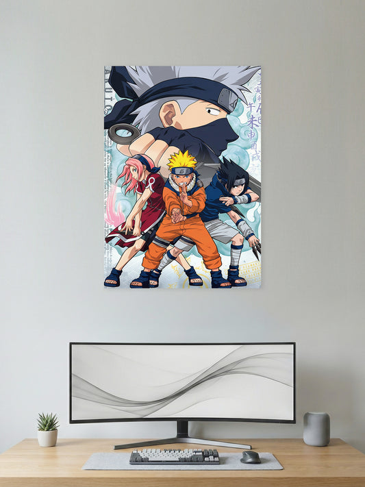 Premium Naruto anime poster featuring Team 7 with Naruto Uzumaki, Sasuke Uchiha, Sakura Haruno, and Kakashi Hatake in vibrant HD quality for bedroom, gaming room, and anime wall décor.