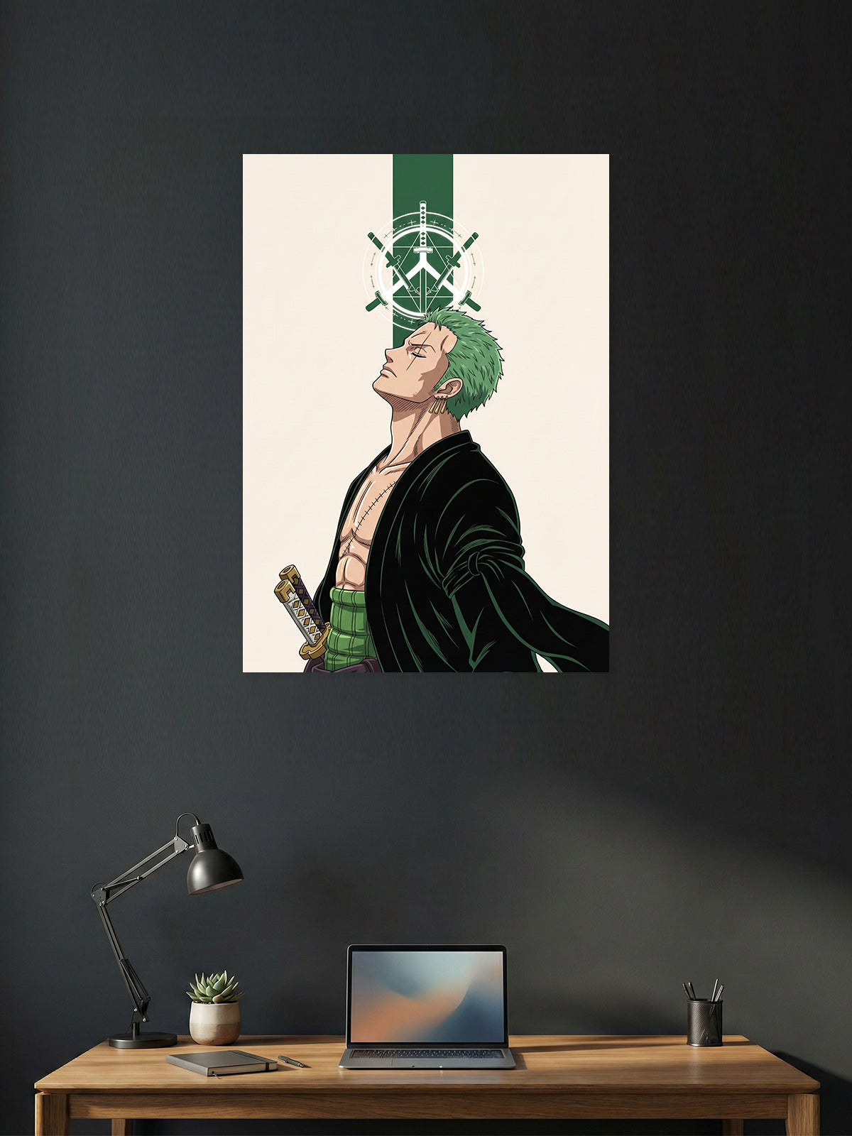 Minimalist Roronoa Zoro One Piece anime poster featuring the legendary swordsman with the Three Sword Style emblem in premium HD quality for bedroom, gaming room, and office wall décor.