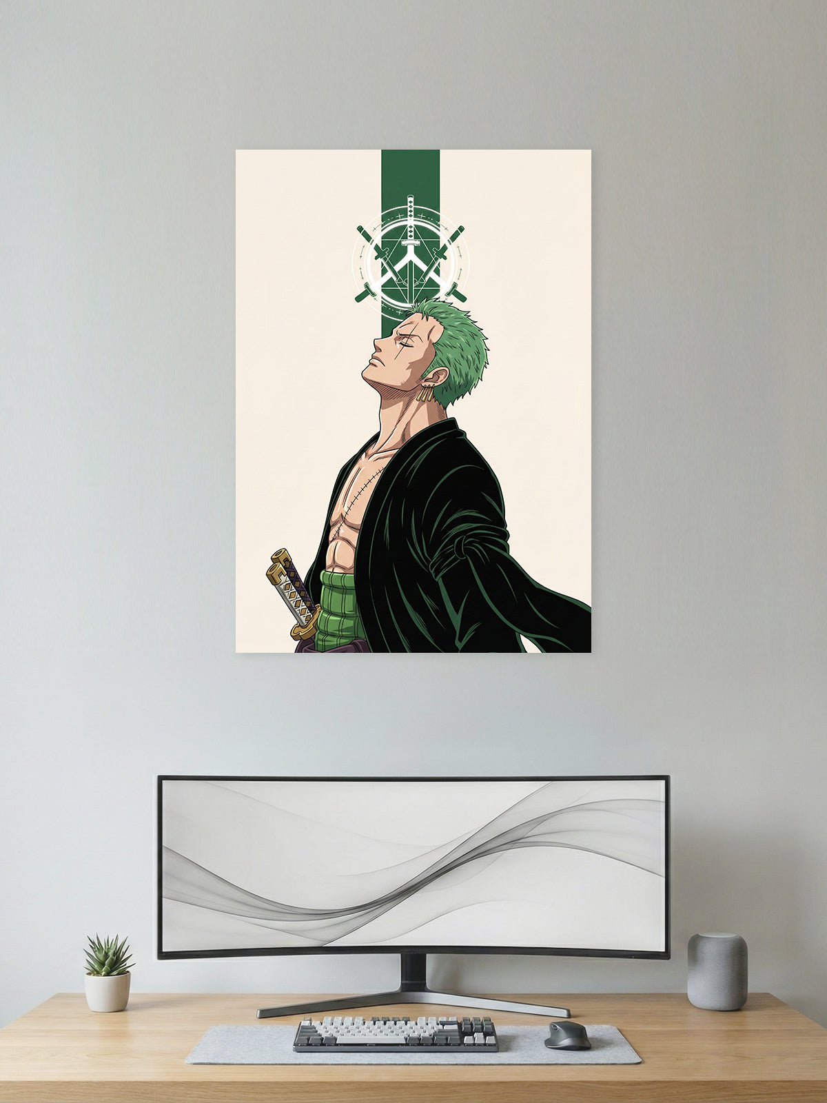 Minimalist Roronoa Zoro One Piece anime poster featuring the legendary swordsman with the Three Sword Style emblem in premium HD quality for bedroom, gaming room, and office wall décor.