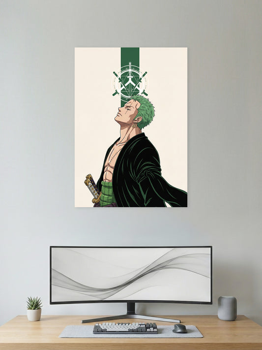 Minimalist Roronoa Zoro One Piece anime poster featuring the legendary swordsman with the Three Sword Style emblem in premium HD quality for bedroom, gaming room, and office wall décor.