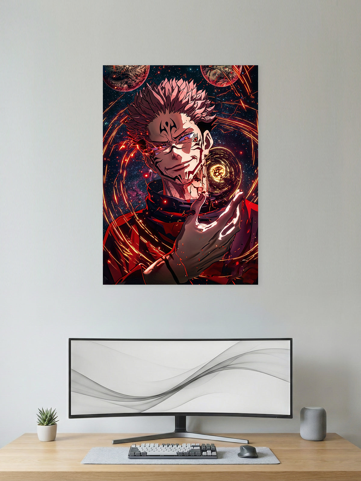 Premium Ryomen Sukuna Jujutsu Kaisen anime poster featuring the King of Curses with glowing cursed energy and cosmic effects in high-definition wall art for bedroom, gaming room, and office décor.