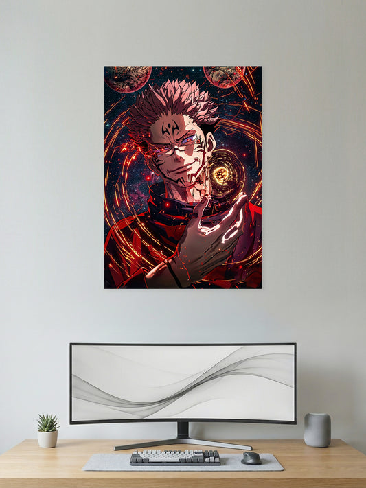 Premium Ryomen Sukuna Jujutsu Kaisen anime poster featuring the King of Curses with glowing cursed energy and cosmic effects in high-definition wall art for bedroom, gaming room, and office décor.