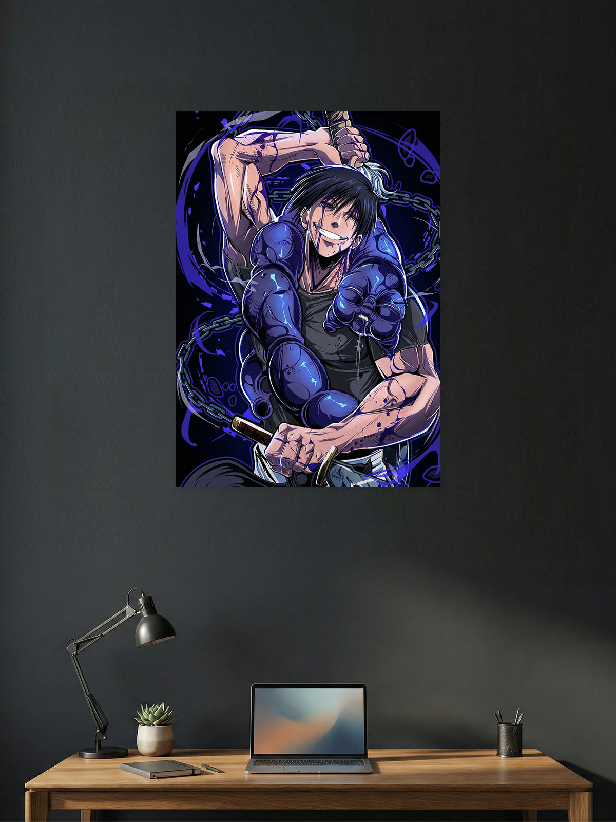 Premium Toji Fushiguro Jujutsu Kaisen anime poster featuring the Sorcerer Killer with his cursed spirit and Inverted Spear of Heaven in vibrant HD quality for bedroom, gaming room, and office wall décor.