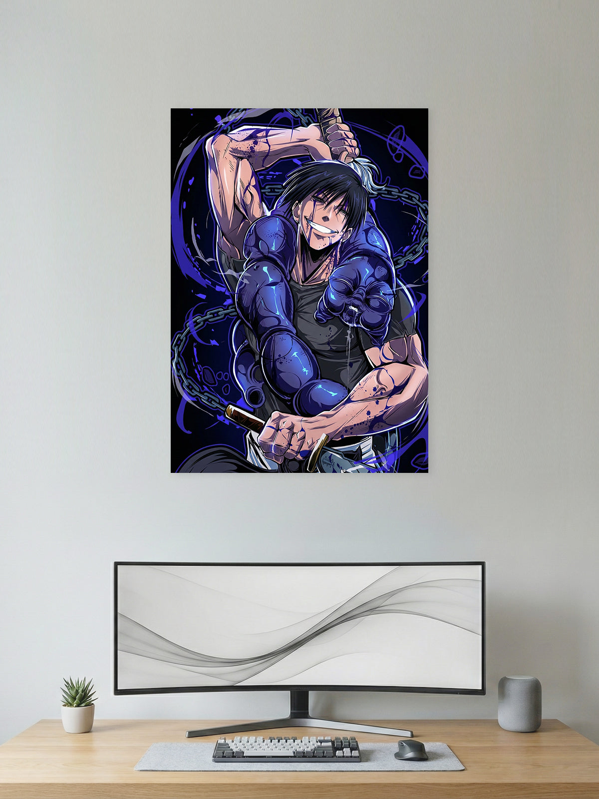 Premium Toji Fushiguro Jujutsu Kaisen anime poster featuring the Sorcerer Killer with his cursed spirit and Inverted Spear of Heaven in vibrant HD quality for bedroom, gaming room, and office wall décor.