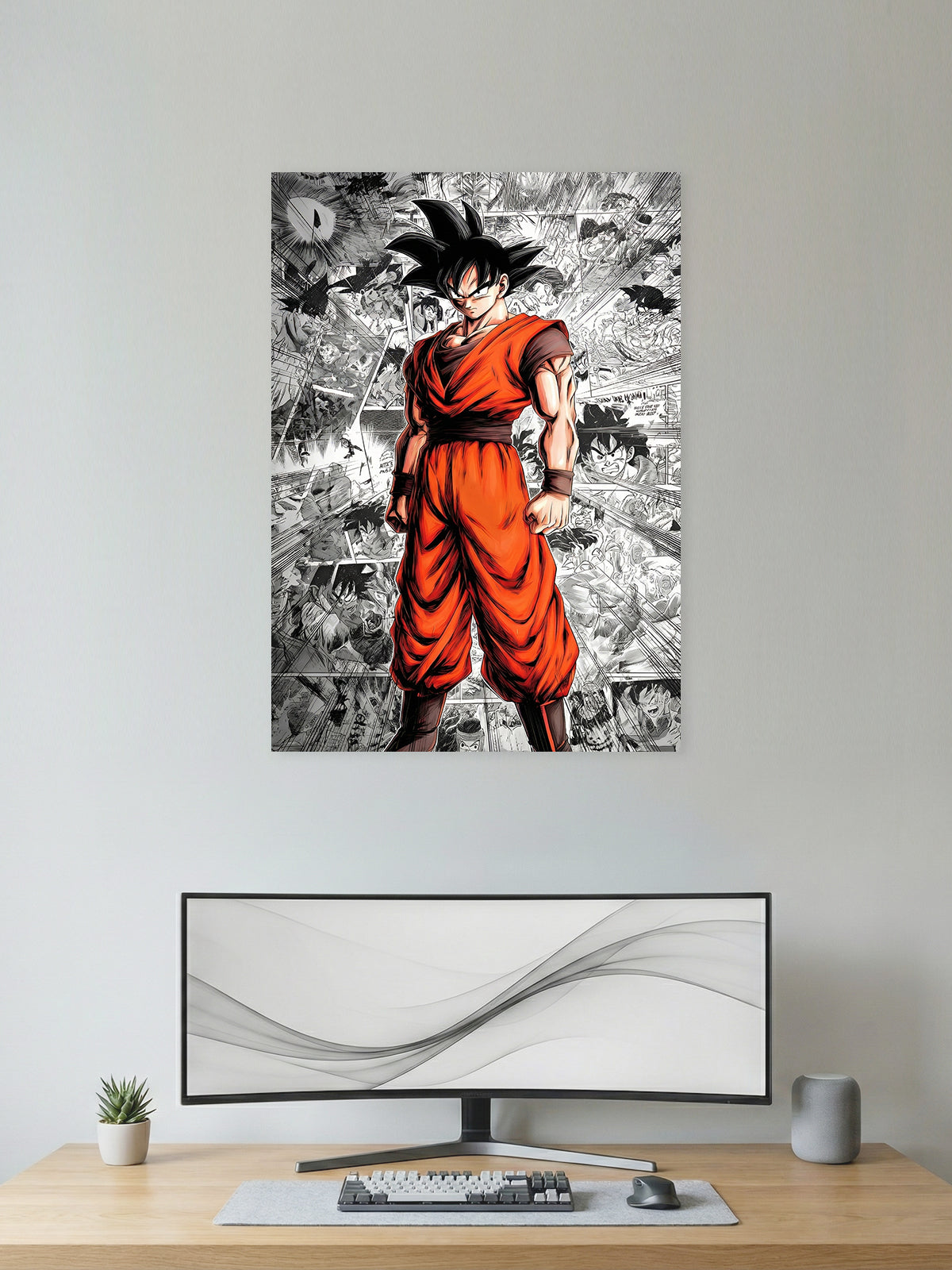 Premium Son Goku Dragon Ball anime poster featuring Goku in his iconic orange gi with a black-and-white manga panel background in high-definition wall art for bedroom, gaming room, and office décor.