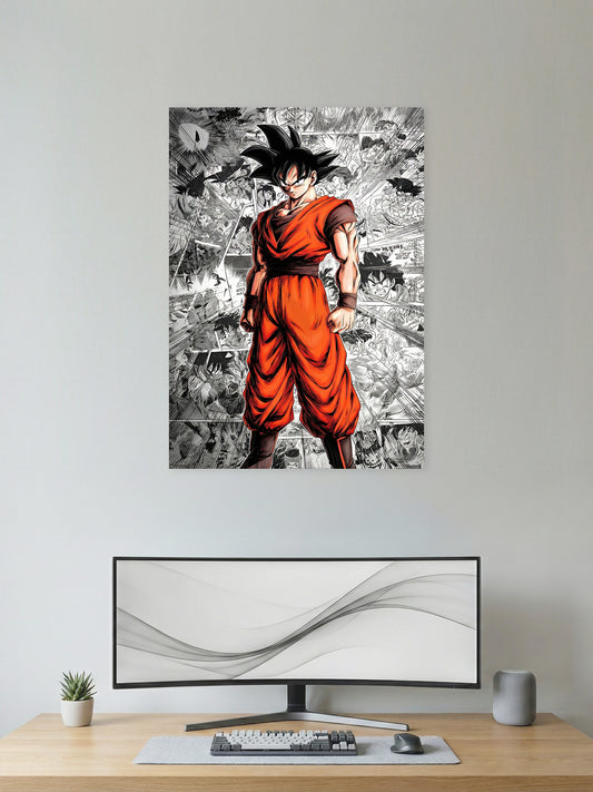 Premium Son Goku Dragon Ball anime poster featuring Goku in his iconic orange gi with a black-and-white manga panel background in high-definition wall art for bedroom, gaming room, and office décor.