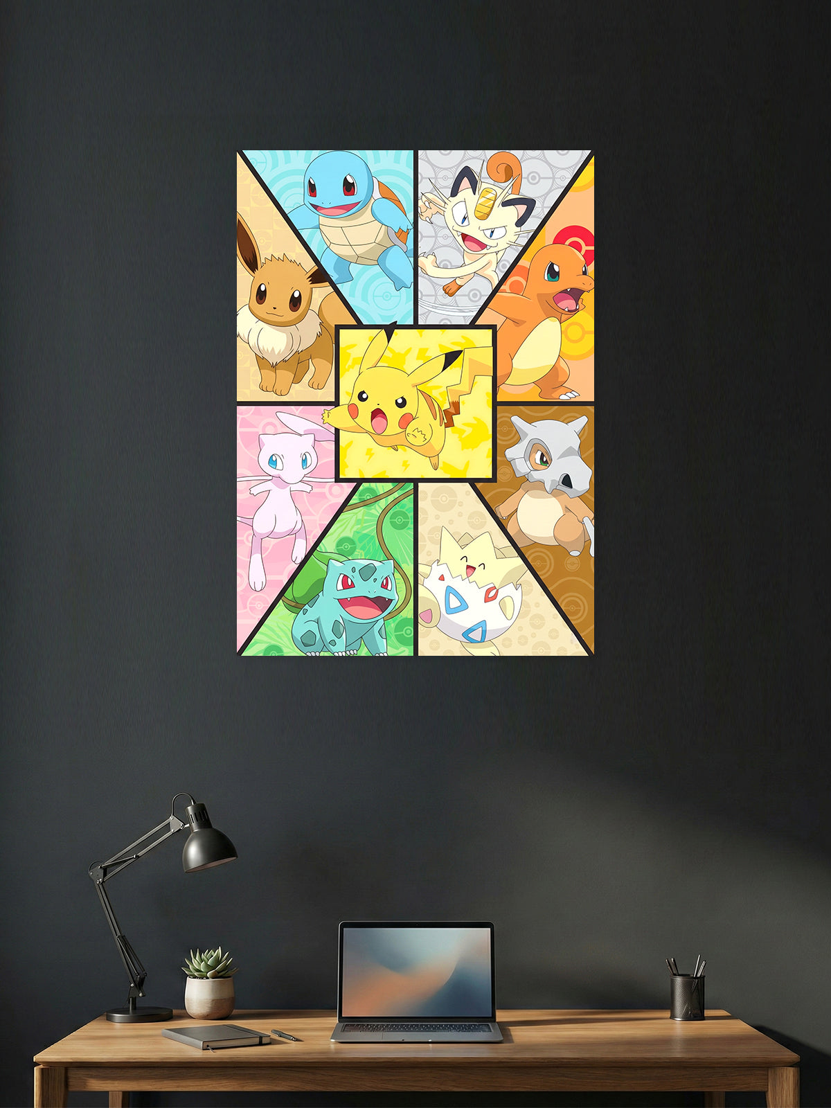 Premium Pokémon anime poster featuring Pikachu, Eevee, Charmander, Squirtle, Bulbasaur, Mew, Meowth, Cubone, and Togepi in a colorful geometric collage for bedroom, gaming room, and kids' room wall décor.