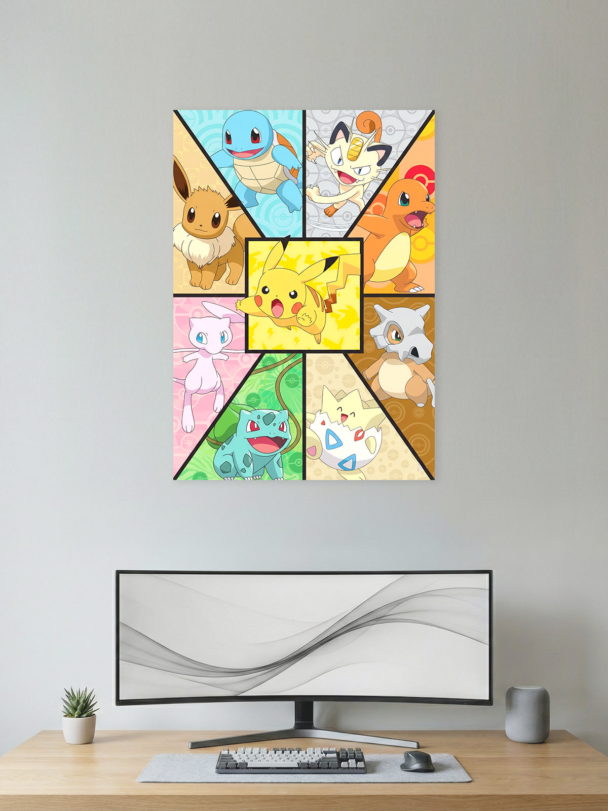 Premium Pokémon anime poster featuring Pikachu, Eevee, Charmander, Squirtle, Bulbasaur, Mew, Meowth, Cubone, and Togepi in a colorful geometric collage for bedroom, gaming room, and kids' room wall décor.