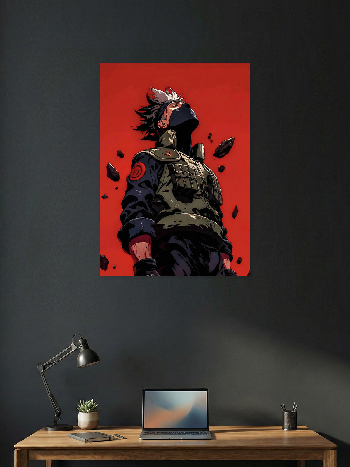 Premium Kakashi Hatake anime poster featuring the legendary Naruto ninja standing beneath a dramatic red sky, perfect for bedroom, gaming room, office, and anime wall décor.