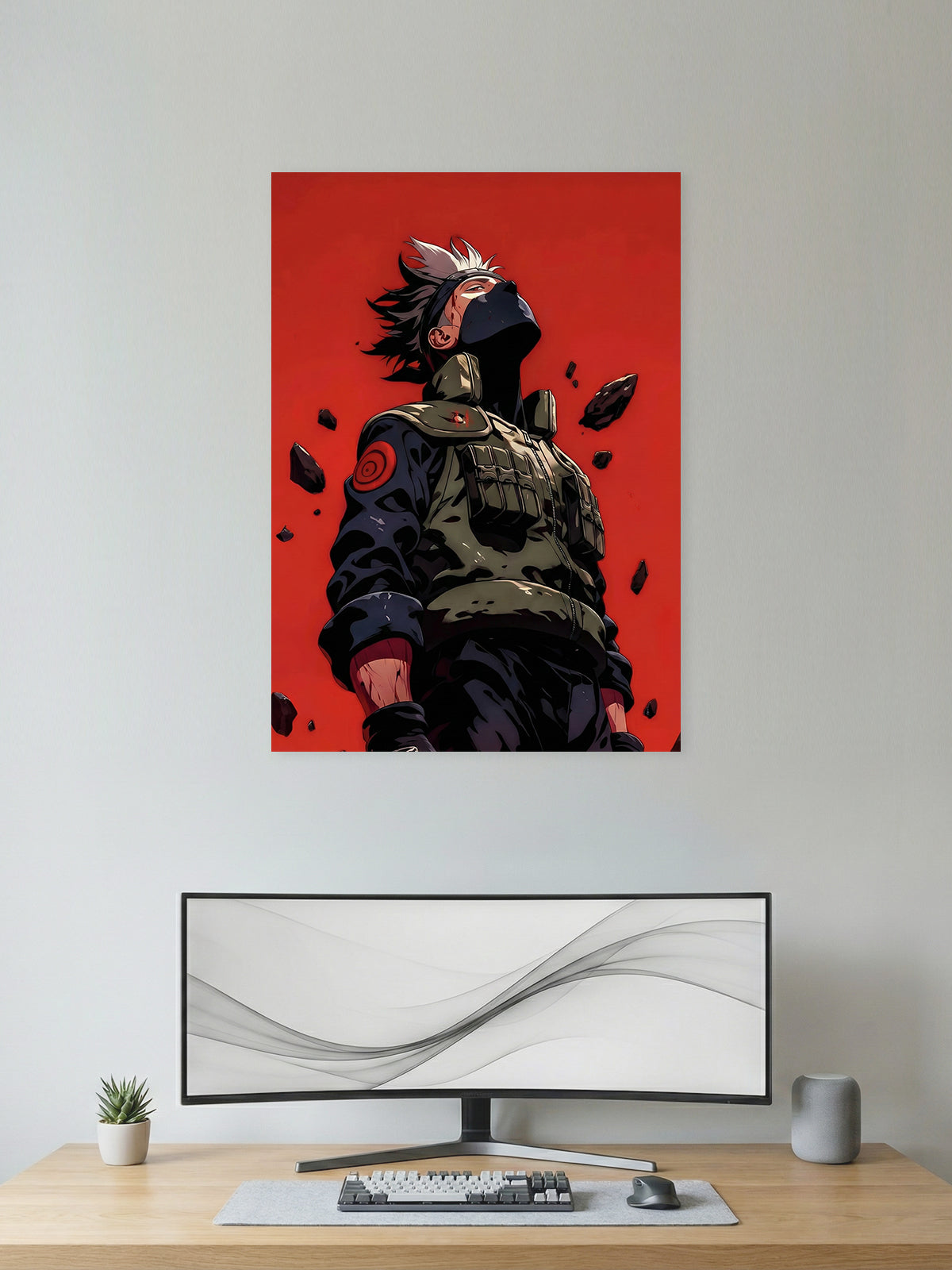 Premium Kakashi Hatake anime poster featuring the legendary Naruto ninja standing beneath a dramatic red sky, perfect for bedroom, gaming room, office, and anime wall décor.