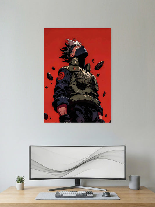 Premium Kakashi Hatake anime poster featuring the legendary Naruto ninja standing beneath a dramatic red sky, perfect for bedroom, gaming room, office, and anime wall décor.