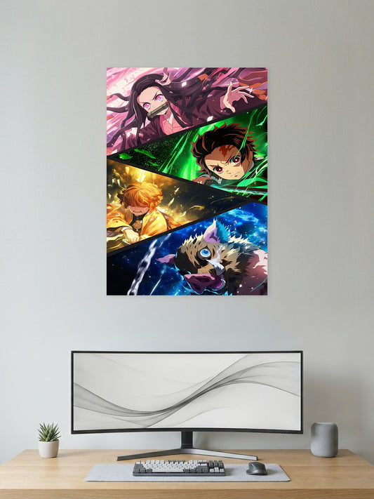 Premium Demon Slayer anime poster featuring Tanjiro Kamado, Nezuko Kamado, Zenitsu Agatsuma, and Inosuke Hashibira in a vibrant split-panel design for gaming room and bedroom wall décor.