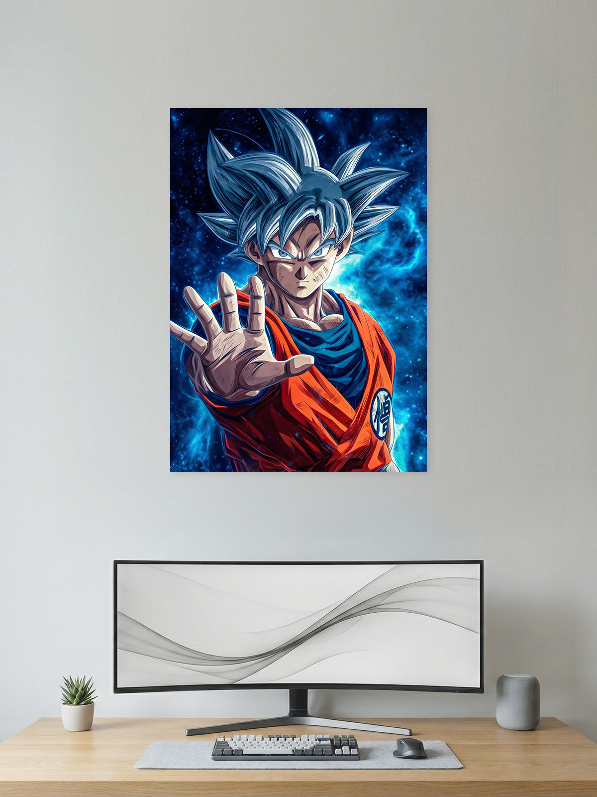 Premium Ultra Instinct Goku anime poster from Dragon Ball Super featuring silver-haired Goku with a cosmic blue aura, perfect for gaming room, bedroom, and anime wall décor.