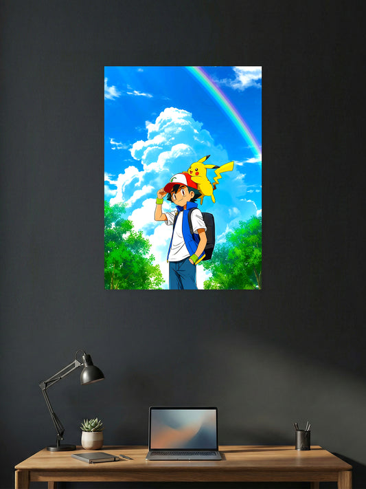 Premium Pokémon anime poster featuring Ash Ketchum and Pikachu standing beneath a bright blue sky with clouds and a rainbow, perfect for gaming room, bedroom, and anime wall décor.