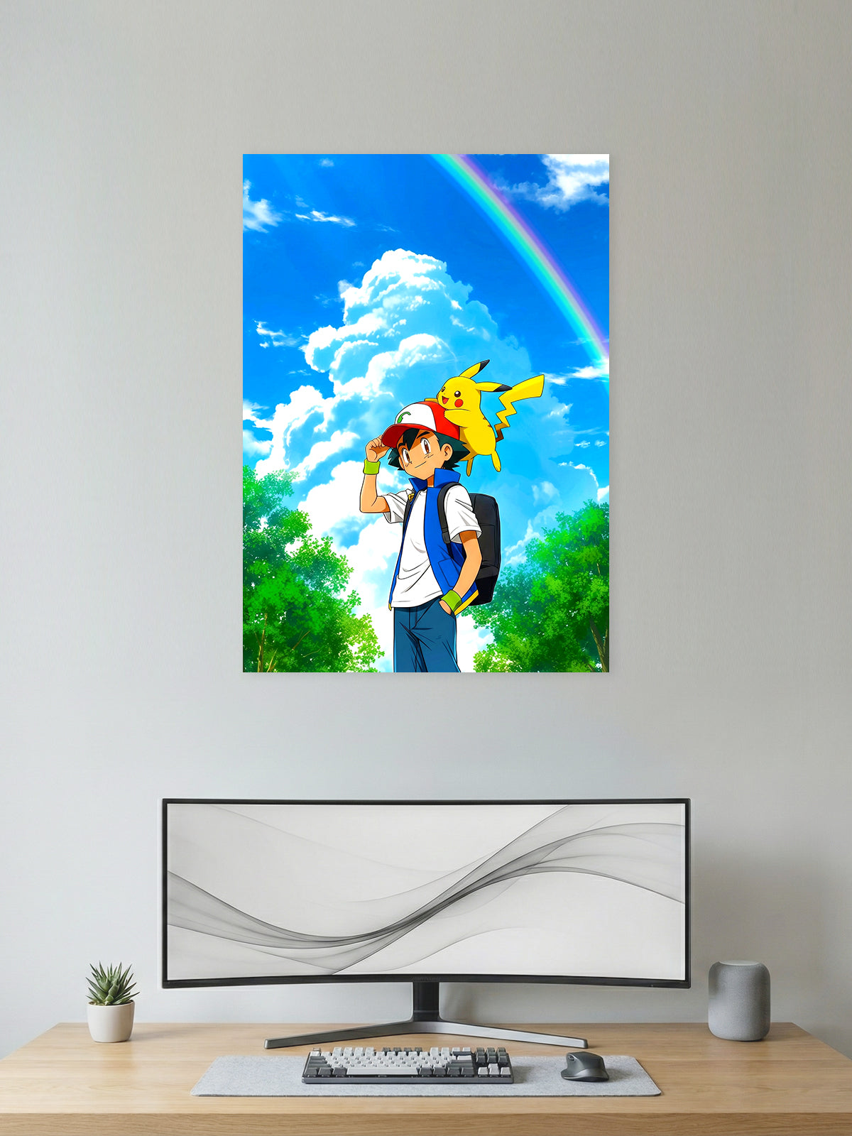 Premium Pokémon anime poster featuring Ash Ketchum and Pikachu standing beneath a bright blue sky with clouds and a rainbow, perfect for gaming room, bedroom, and anime wall décor.