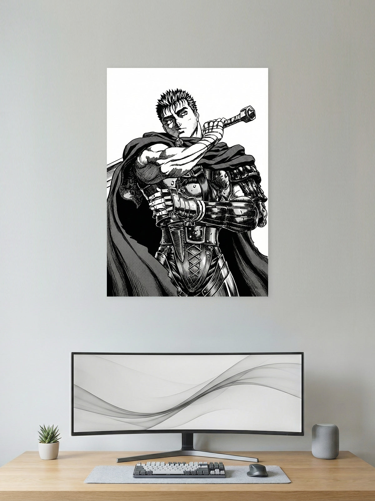 Premium Berserk manga poster featuring Guts carrying his massive sword in a detailed black-and-white illustration, perfect for gaming room, bedroom, office, and anime wall décor.