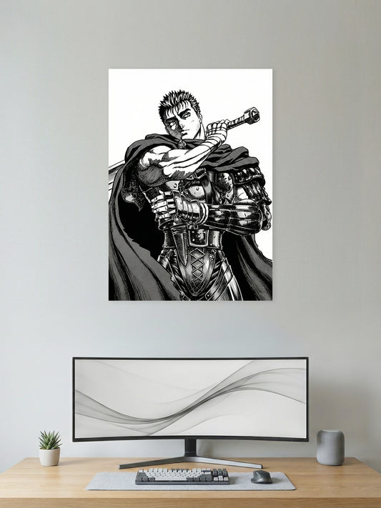 Premium Berserk manga poster featuring Guts carrying his massive sword in a detailed black-and-white illustration, perfect for gaming room, bedroom, office, and anime wall décor.