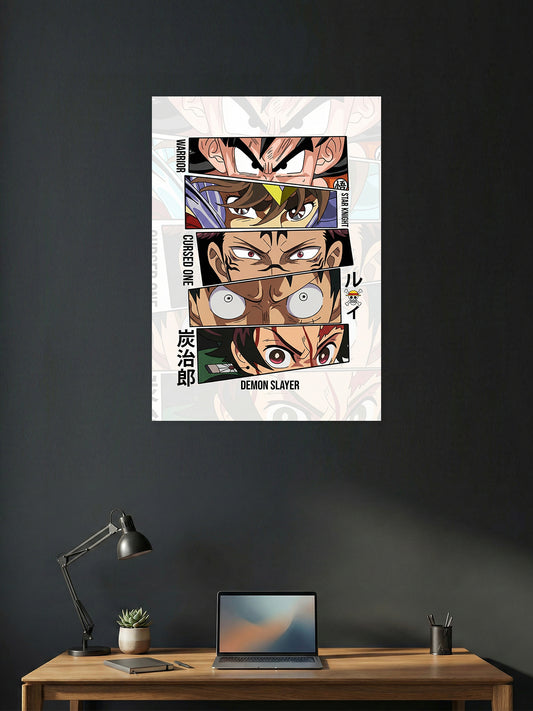 Premium anime panel poster featuring Goku, Seiya, Ryomen Sukuna, Monkey D. Luffy, and Tanjiro Kamado in a modern stacked design for gaming room, bedroom, and anime wall décor.