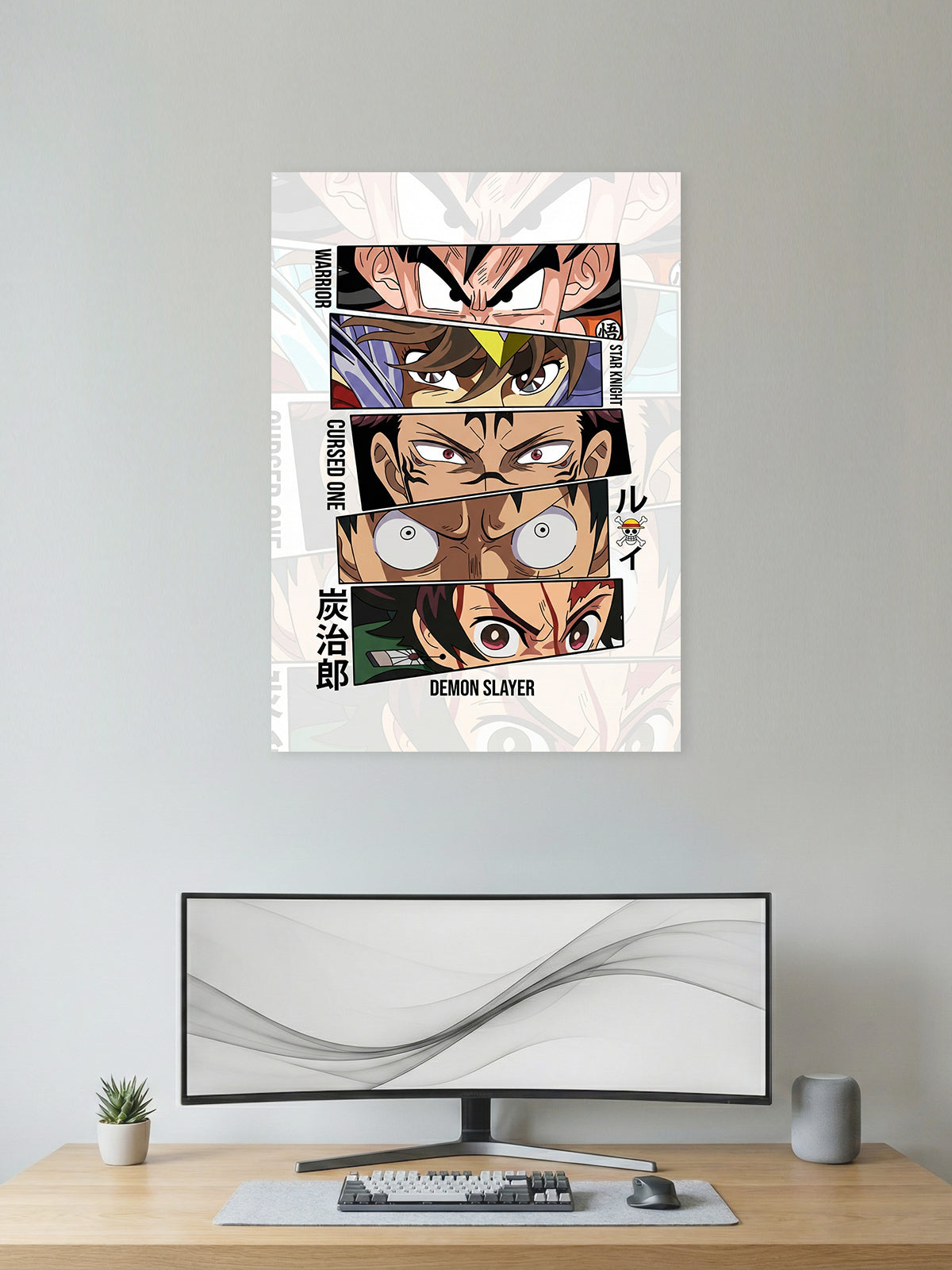 Premium anime panel poster featuring Goku, Seiya, Ryomen Sukuna, Monkey D. Luffy, and Tanjiro Kamado in a modern stacked design for gaming room, bedroom, and anime wall décor.