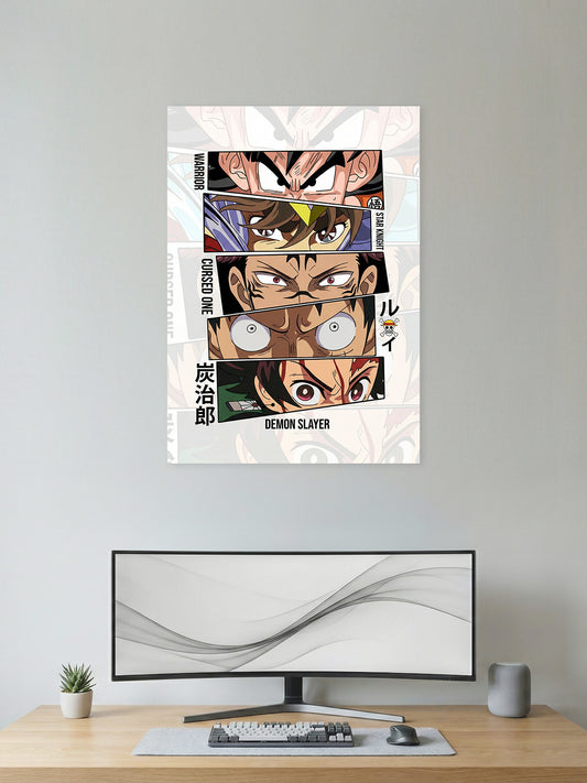 Premium anime panel poster featuring Goku, Seiya, Ryomen Sukuna, Monkey D. Luffy, and Tanjiro Kamado in a modern stacked design for gaming room, bedroom, and anime wall décor.