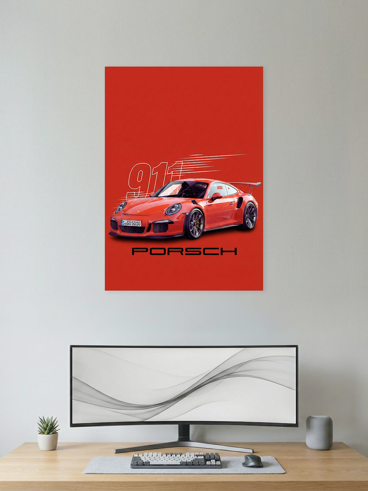 Porsche 911 Wall Poster – Red Sports Car Modern Art Print