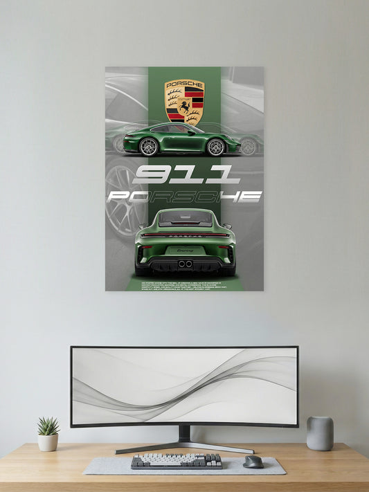 Porsche 911 Green Wall Poster – Front & Rear Sports Car Art Print