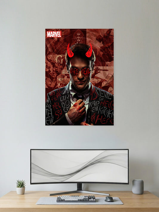 Devil-Themed Vigilante Motivational Poster – Dark Red Comic Style Wall Art