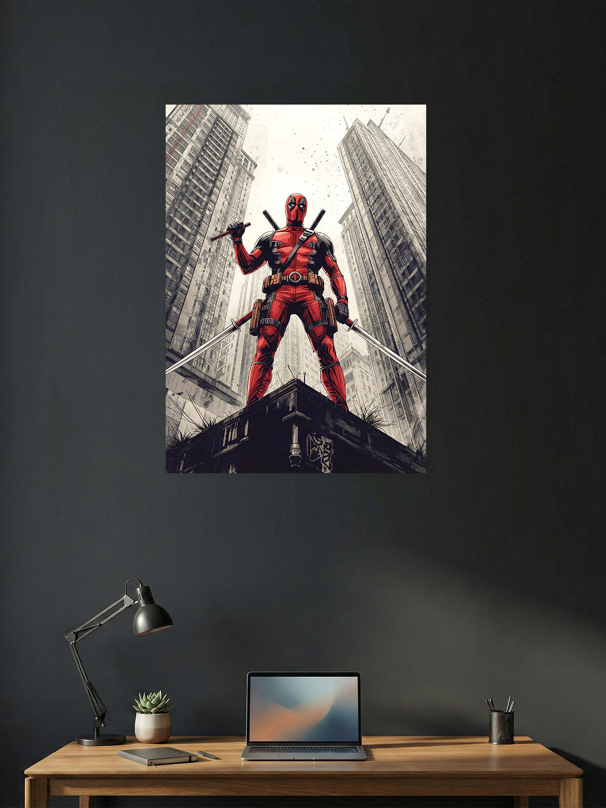 Deadpool Dual Swords City Rooftop Wall Poster