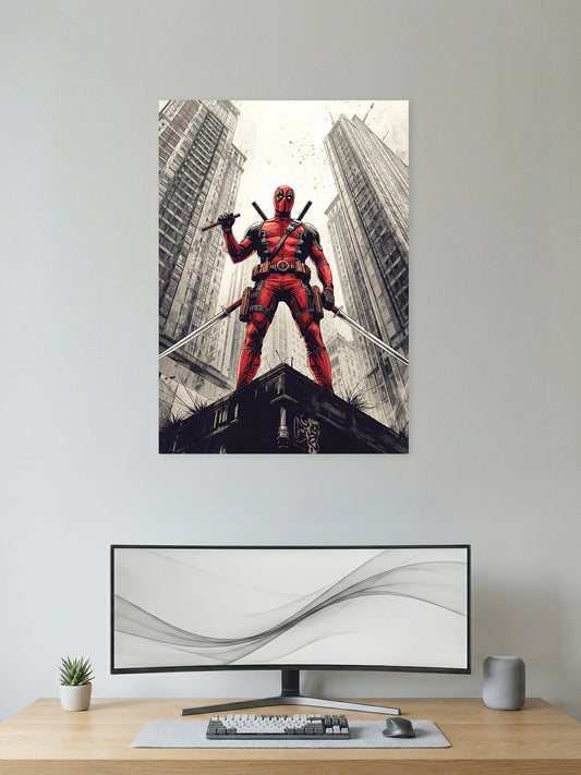 Deadpool Dual Swords City Rooftop Wall Poster