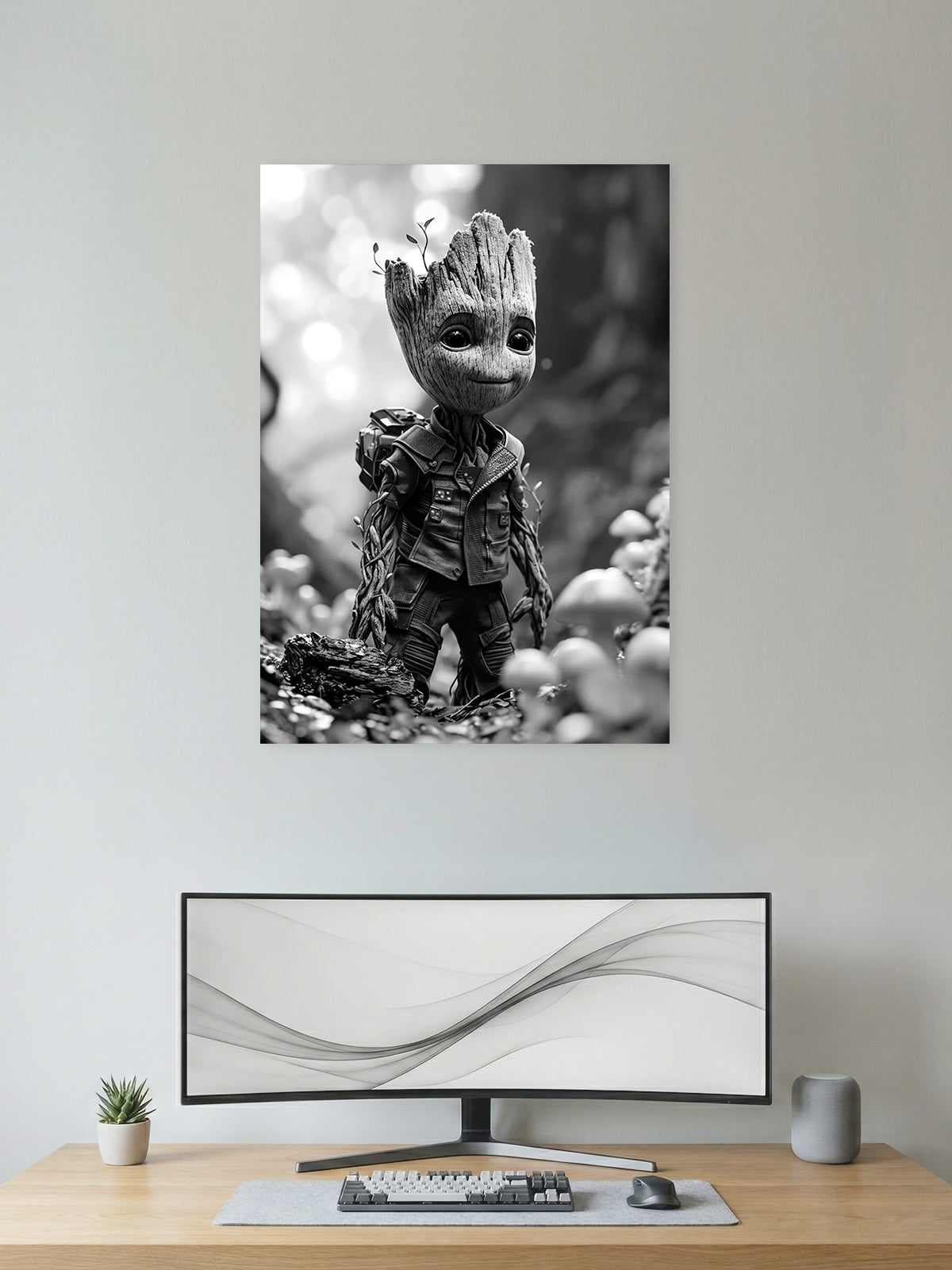 Groot Black & White Poster – Baby Groot Marvel Superhero Minimal Wall Art