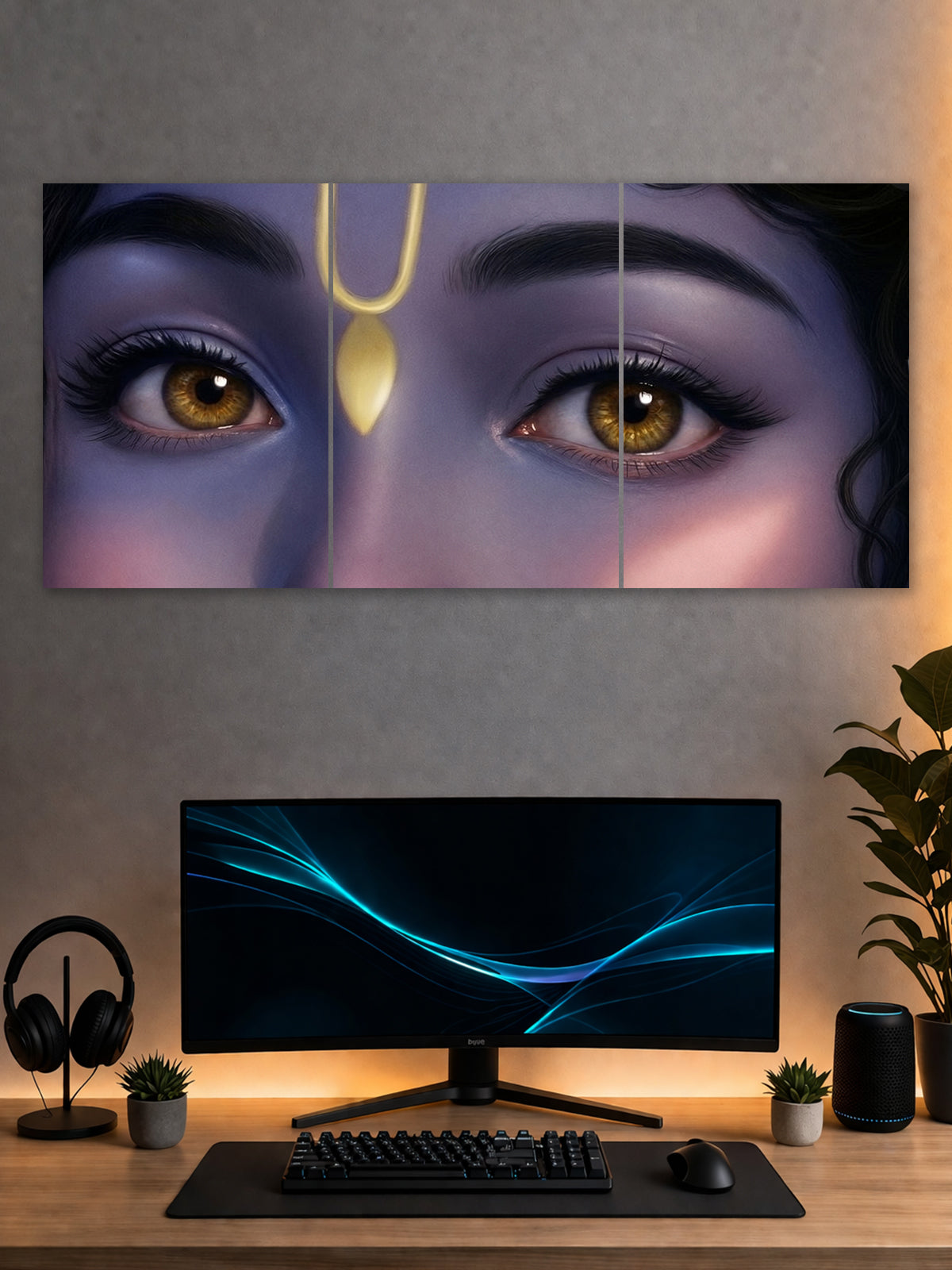 Shree Krishna Eyes Split Poster – Divine Spiritual Wall Art (3 Panel)