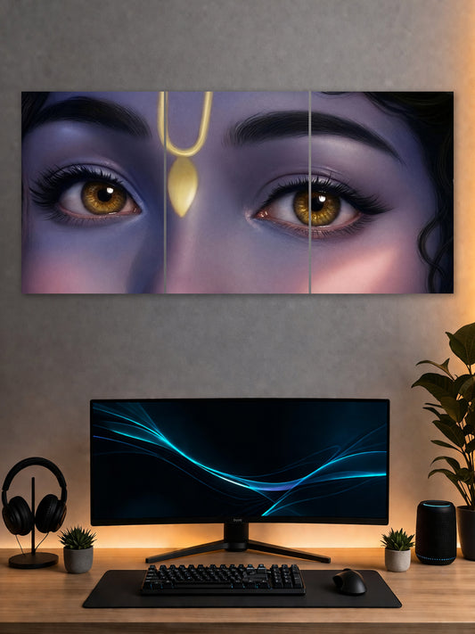 Shree Krishna Eyes Split Poster – Divine Spiritual Wall Art (3 Panel)
