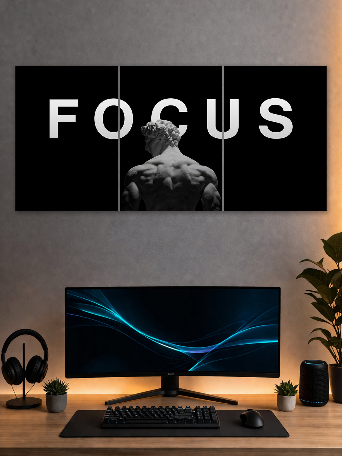 Focus Mindset Split Poster – Minimal Sculpture Aesthetic Wall Art (3 Panel)