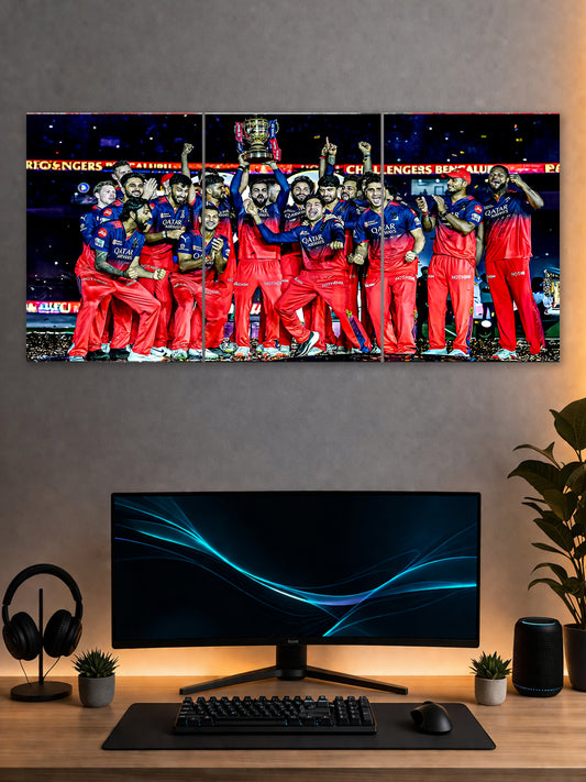 Royal Challengers Bangalore Champions Split Poster – RCB IPL Trophy Celebration Wall Art (3 Panel)