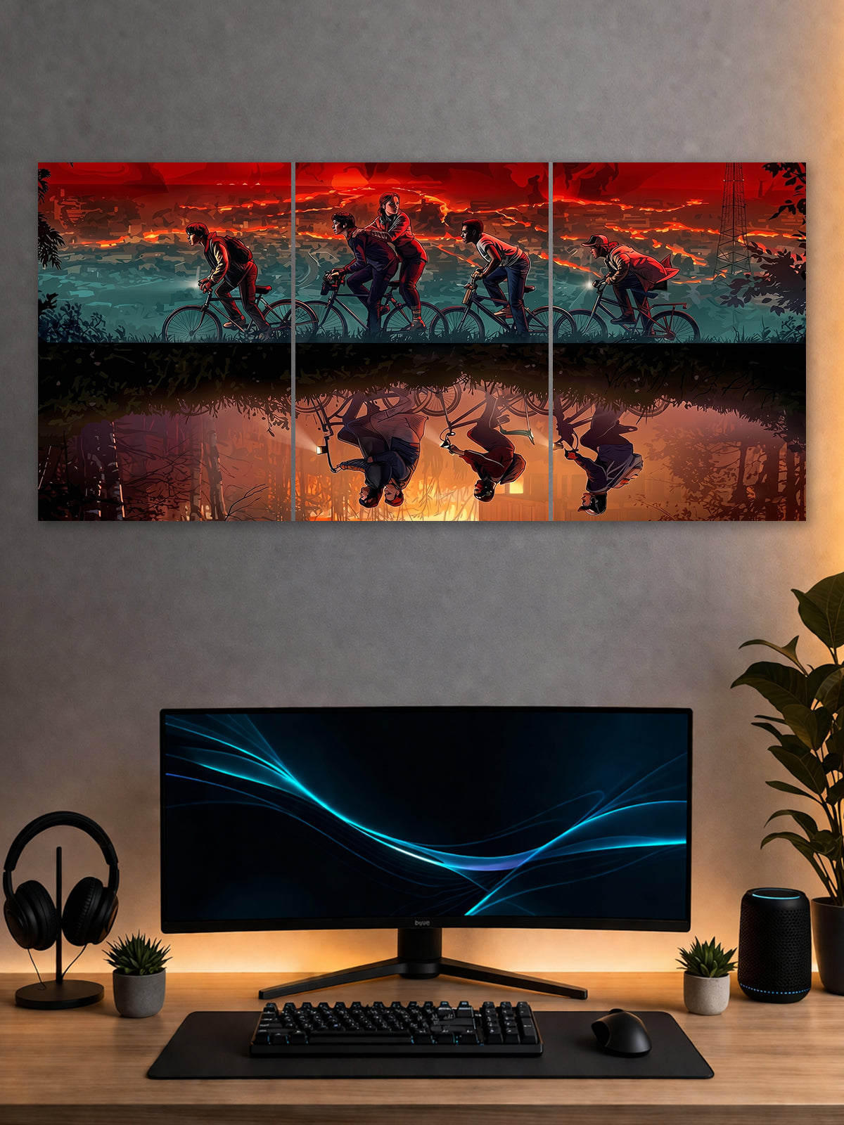 Stranger Things Bike Ride Split Poster – Upside Down Scene Wall Art (3 Panel)