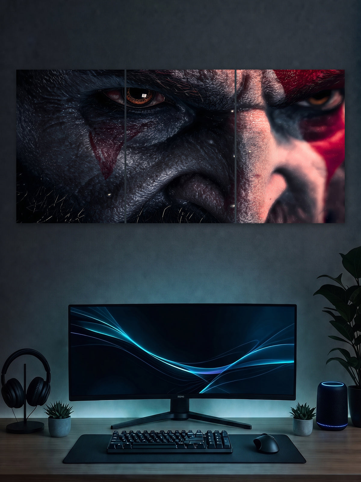 Kratos God of War Split Poster – Spartan Rage Close-Up Wall Art (3 Panel)