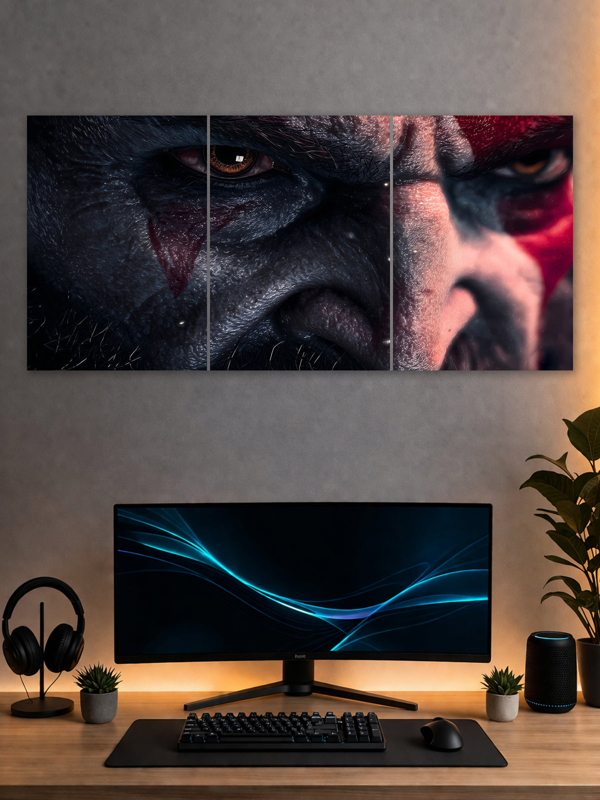 Kratos God of War Split Poster – Spartan Rage Close-Up Wall Art (3 Panel)