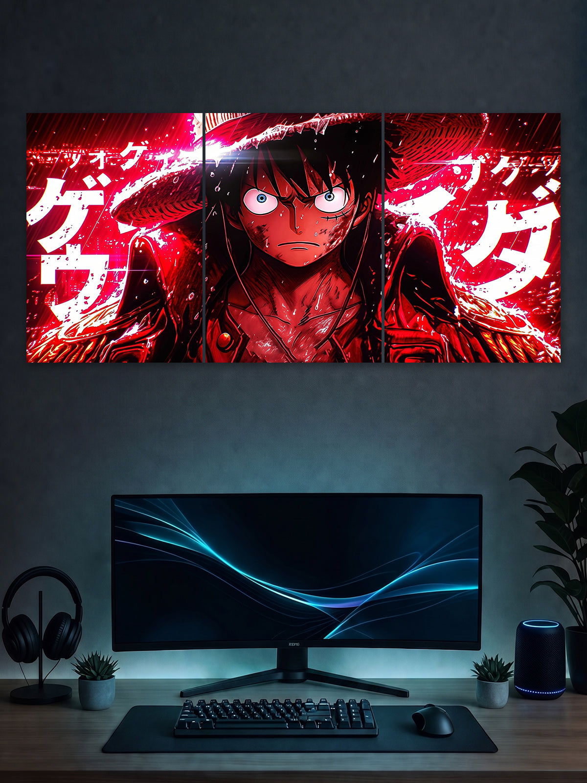Monkey D. Luffy Split Poster – One Piece Anime Red Rage Wall Art (3 Panel)