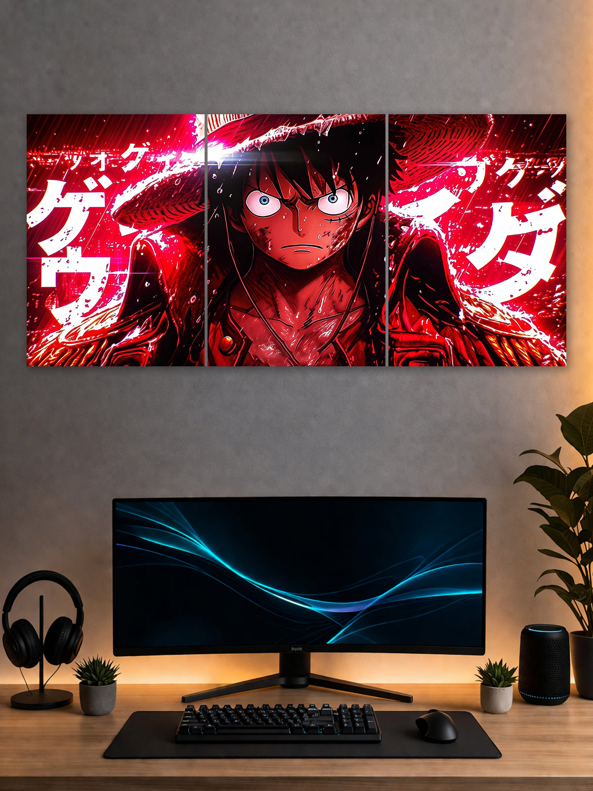 Monkey D. Luffy Split Poster – One Piece Anime Red Rage Wall Art (3 Panel)