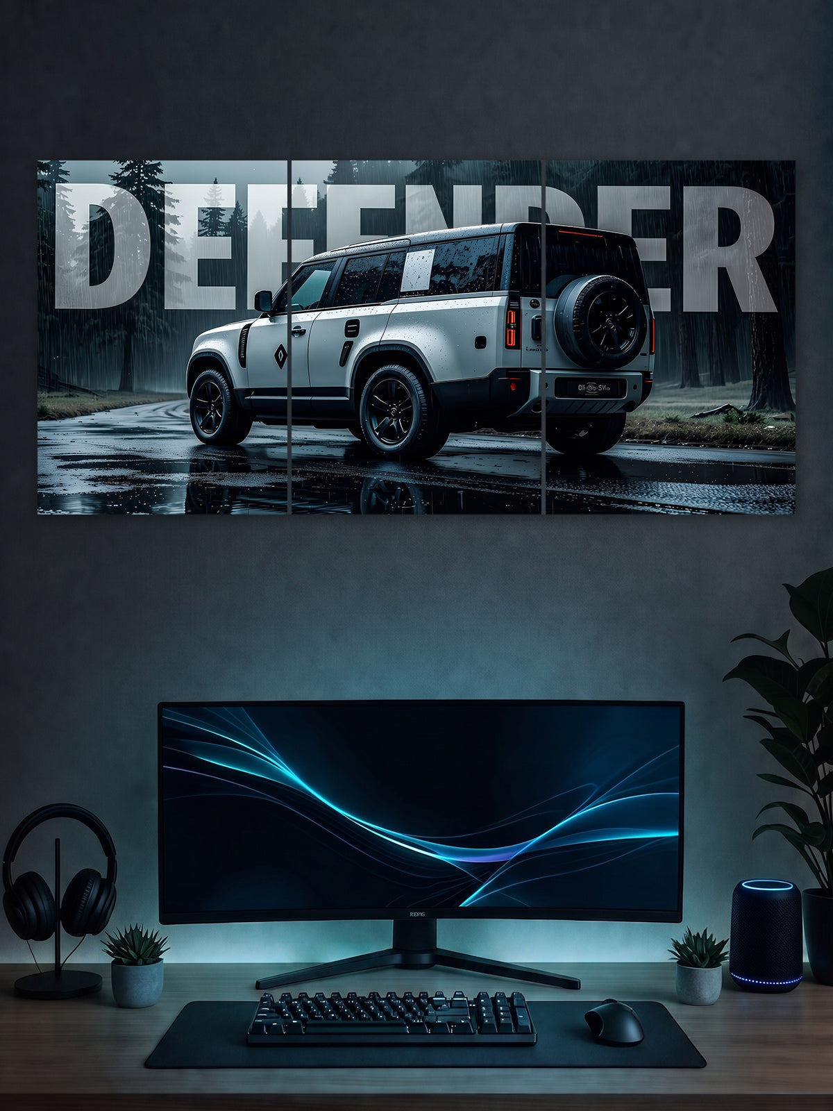 Land Rover Defender Rain Edition Split Poster – Luxury SUV Wall Art (3 Panel)